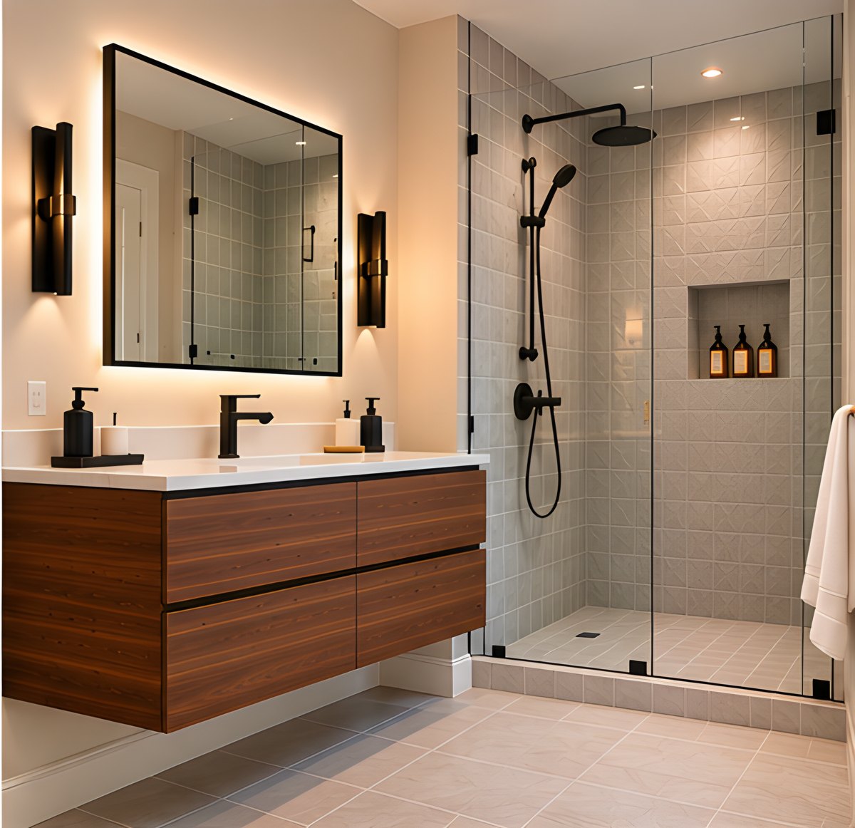 Floating walnut vanity with a backlit mirror and matte black fixtures beside a frameless glass shower