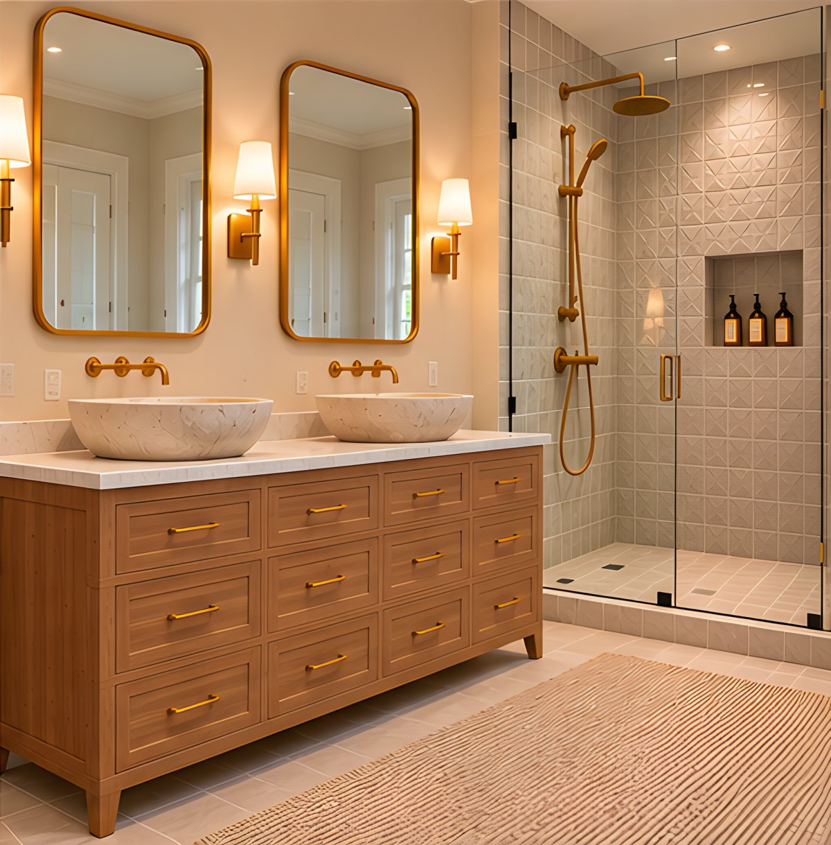 Oak double vanity with stone vessel sinks and brass mirrors beside a glass walk-in shower
