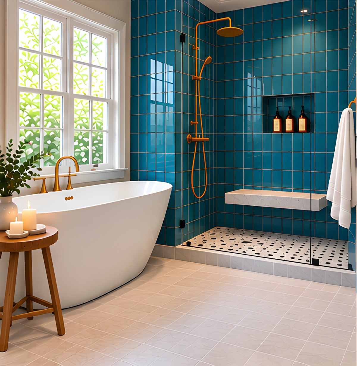 Freestanding tub by a window and a teal-tiled walk-in shower with a stone bench and brass fixtures