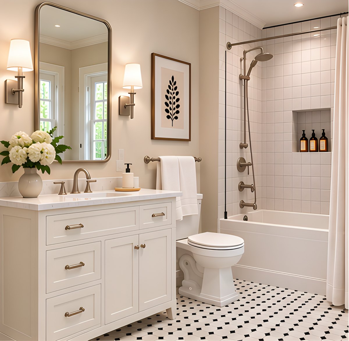 White shaker vanity with a marble top and brushed nickel fixtures beside a tub-shower, with a black-and-white tile floor