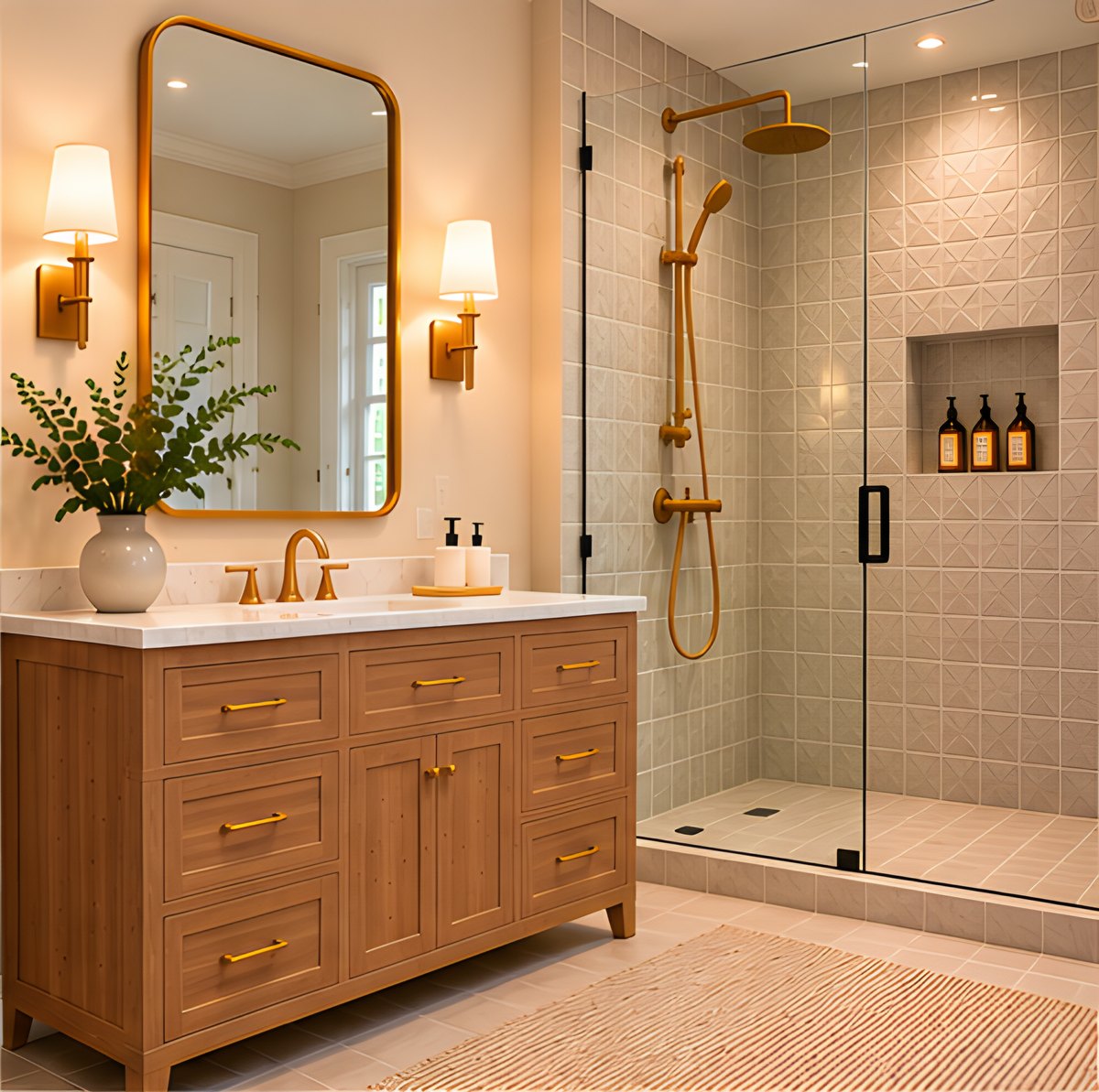 Oak vanity with a brass mirror and sconces beside a glass walk-in shower with brass fixtures
