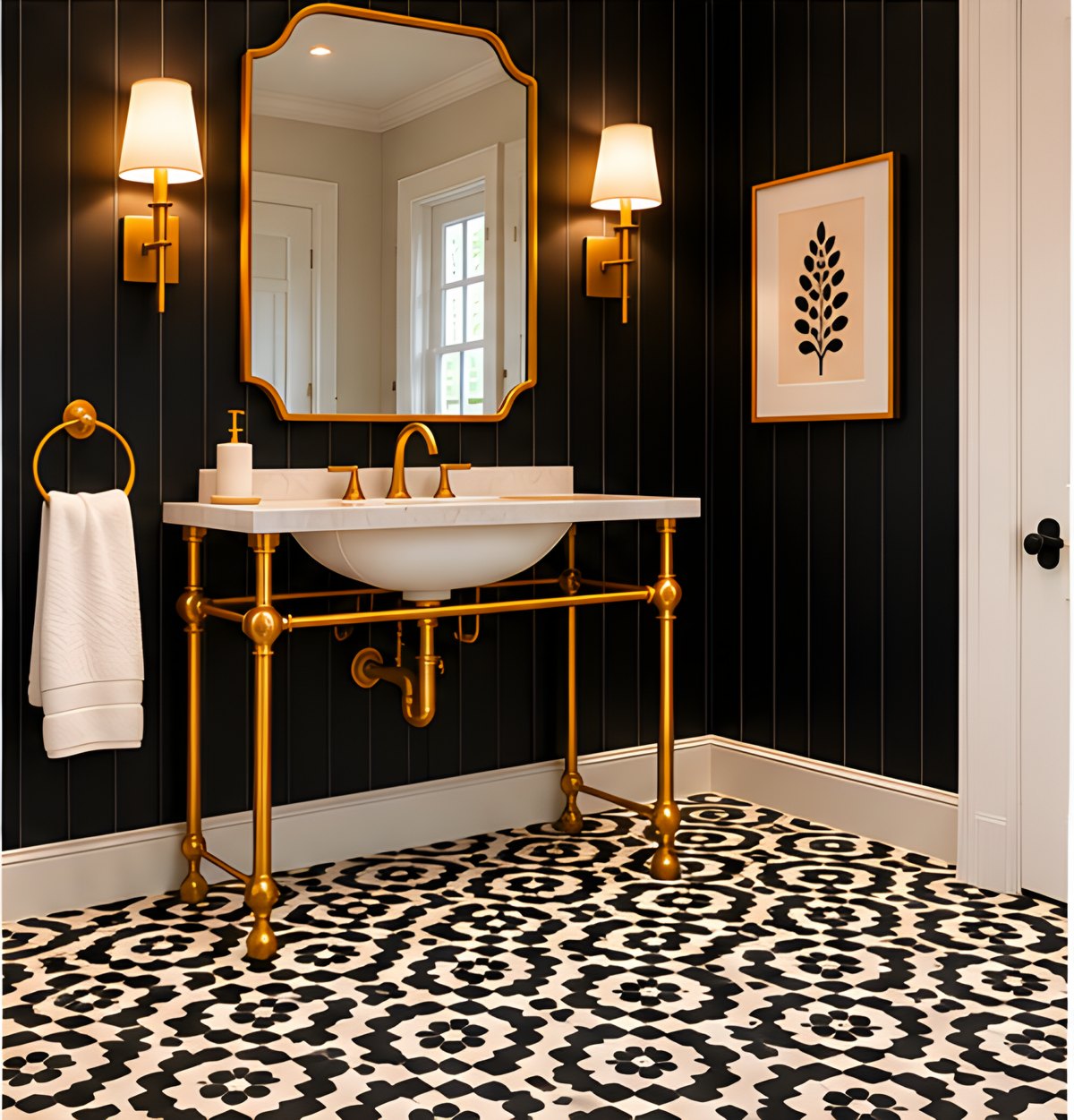 Brass console sink against black beadboard walls with a black-and-white patterned tile floor
